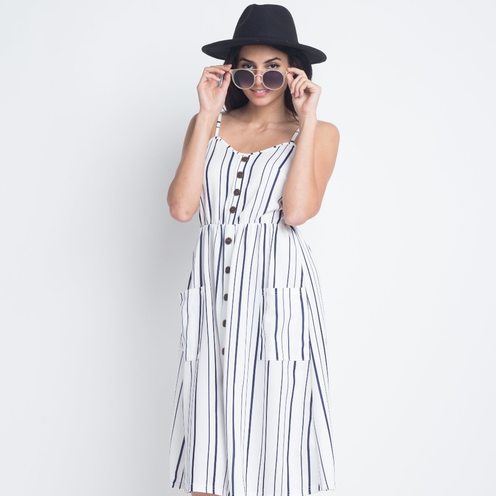 Women's Striped Button Midi Sleeveless Dress